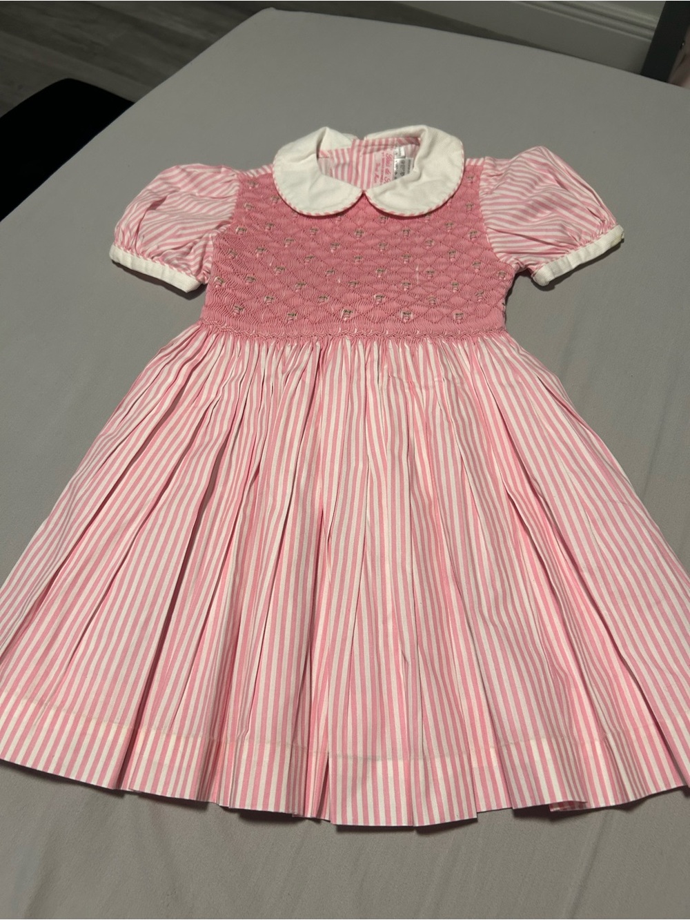Pink Striped Smocked Girls' Dress with White Peter Pan Collar